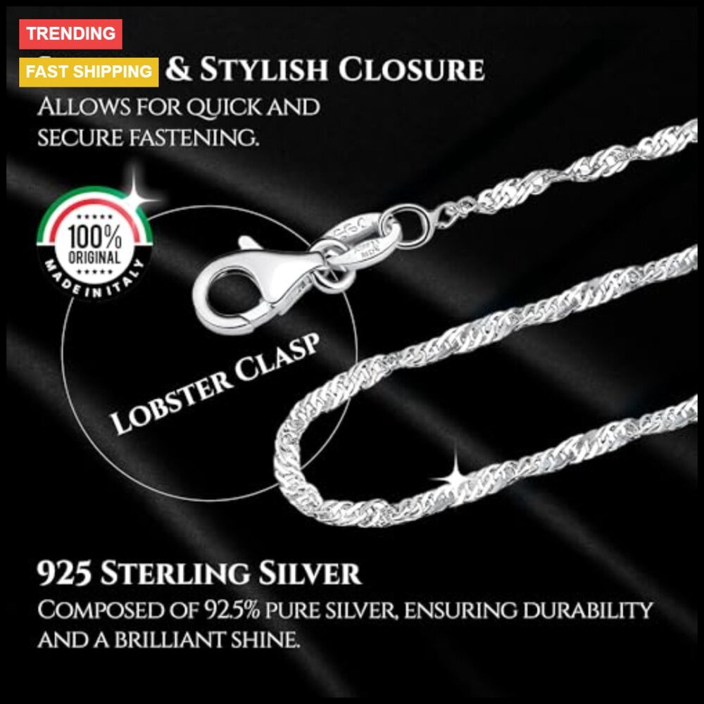 925 Sterling Silver Singapore Chain Necklace with Lobster Clasp - Picture 2 of 7